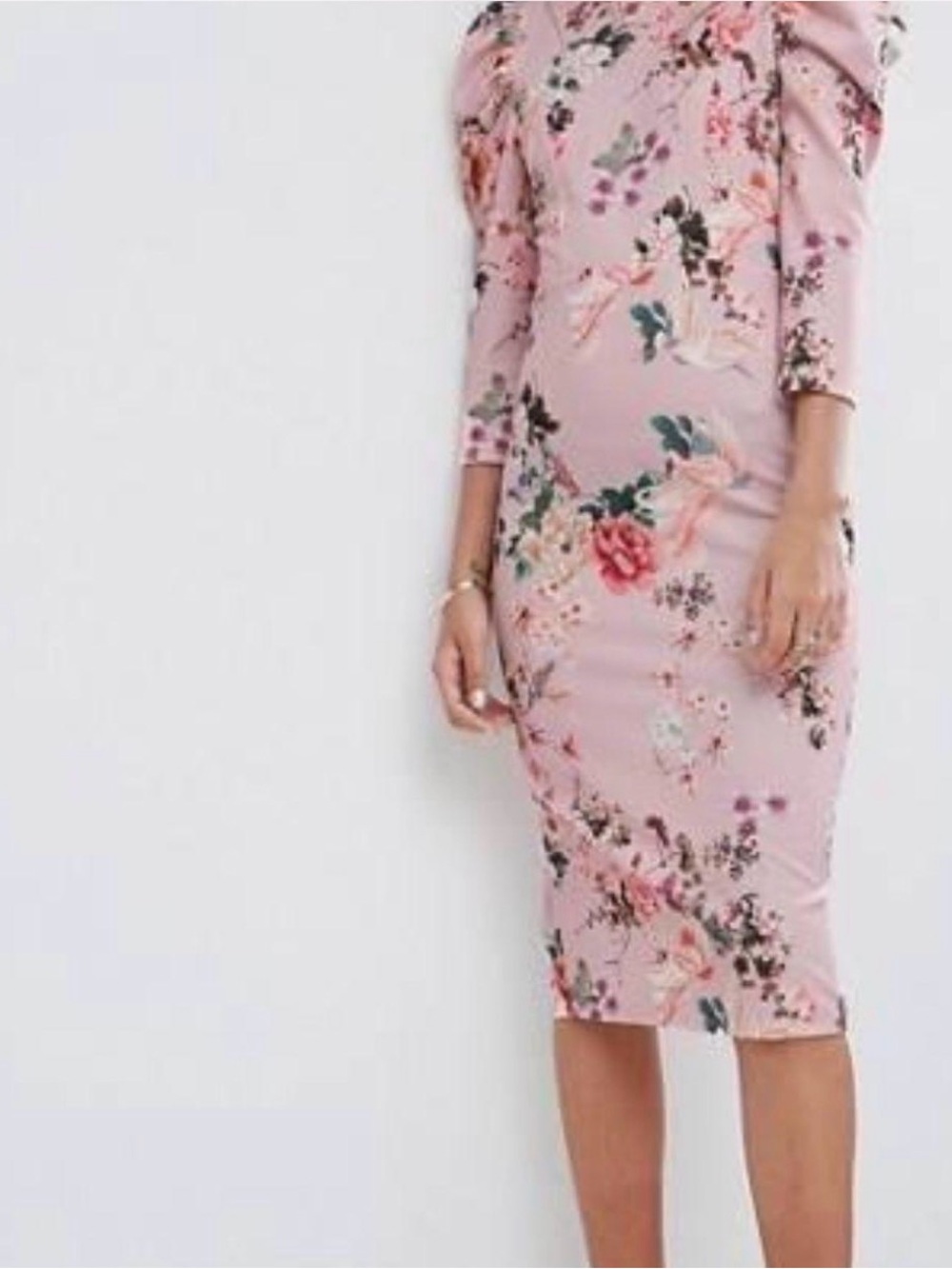 ASOS Pink Floral Midi Bodycon Dress